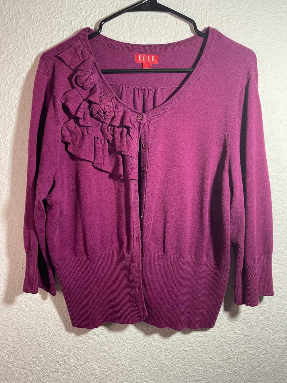 ELLE Plum Ruffle-Accent Cardigan Size XL